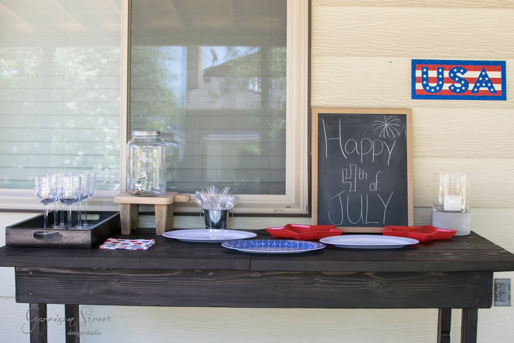 Patriotic 4th of July setup on a wooden table with red and blue plates, a jar of water, utensils, wine glasses, and a candle. A chalkboard displays "Happy 4th of July" and a sign with "USA" is in the background.