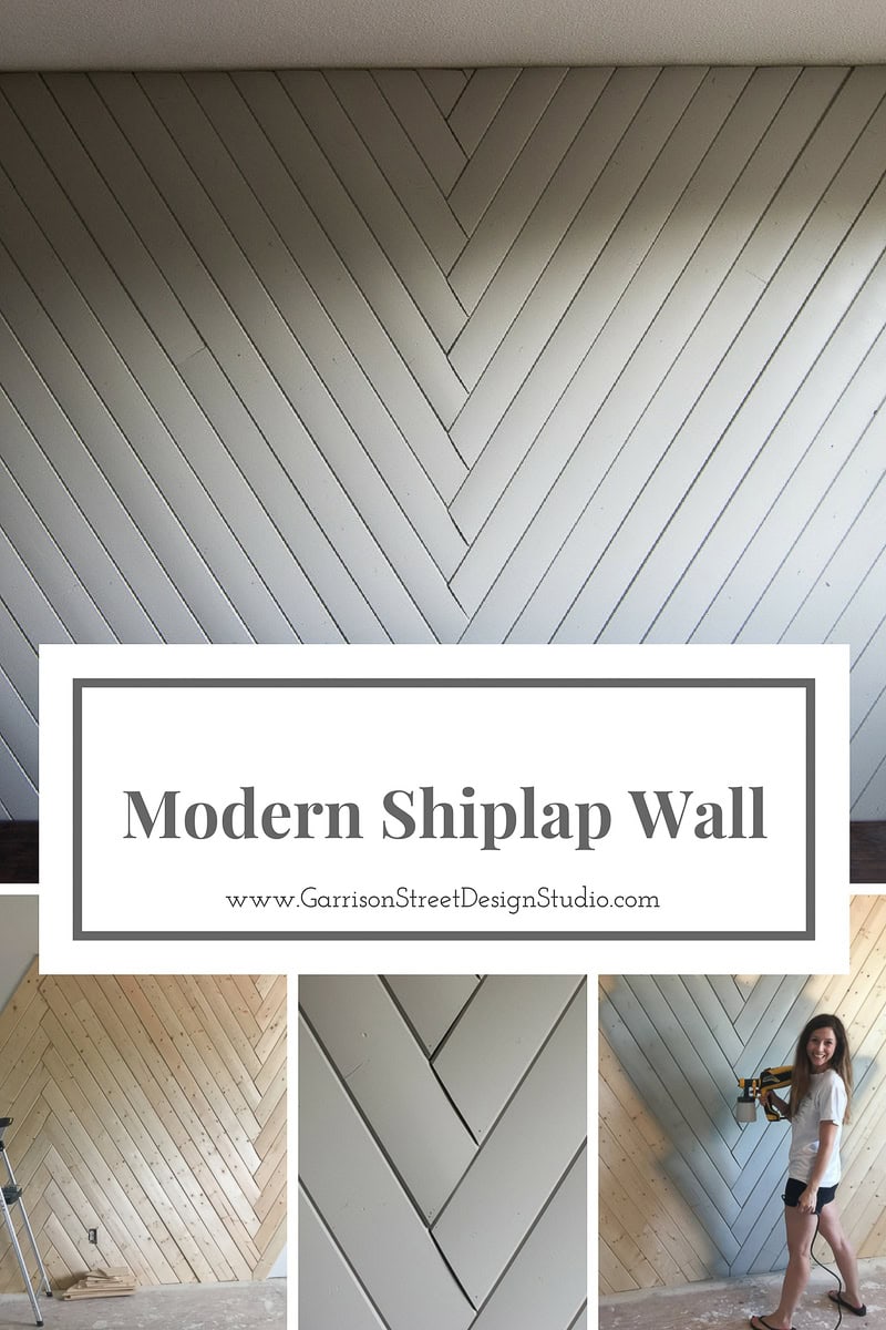 A collage showcasing a modern shiplap wall with diagonal patterns. The bottom images show construction progress, and a person is holding a nail gun in the corner. Text reads "Modern Shiplap Wall" with a website link below.