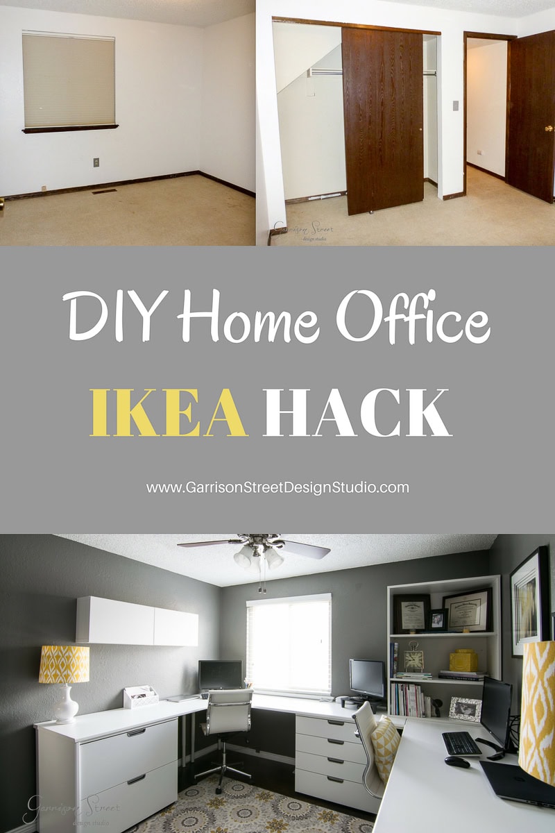 Split image of a DIY home office transformation. Top shows a plain, empty room; bottom reveals a completed stylish workspace featuring an IKEA desk hack with white desks, shelving, decor, and a window. Text reads: "DIY Home Office IKEA Hack www.GarrisonStreetDesignStudio.com.