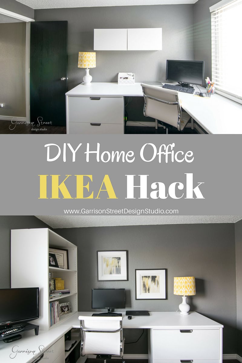 A two-panel image of a DIY home office setup with IKEA furniture. The top panel displays an IKEA desk hack featuring a sleek white desk with a computer and lamp. The bottom panel adds shelves, wall art, and a chair. Text reads "DIY Home Office IKEA Hack.