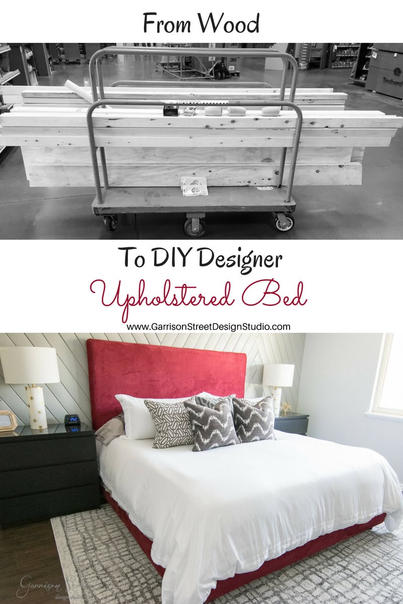 Top: A cart filled with wooden planks. Bottom: A modern bedroom featuring a DIY upholstered bed with a red headboard, white bedding, and decorative pillows. Text reads, "From Wood to DIY Designer Upholstered Bed.