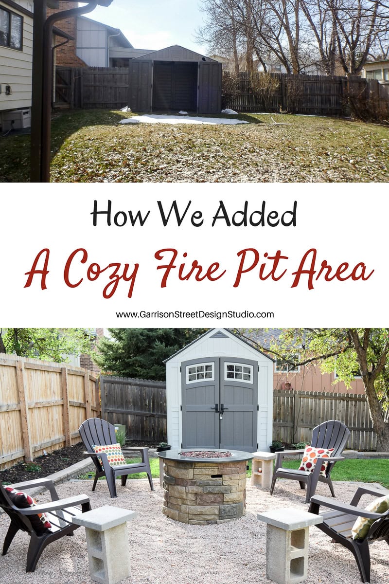 Top image shows a plain backyard with a shed and bare ground. Bottom image shows a transformed backyard with a cozy fire pit, Adirondack chairs, cushions, and a surrounding fence. Text reads, "How We Added A Cozy Fire Pit Area."
