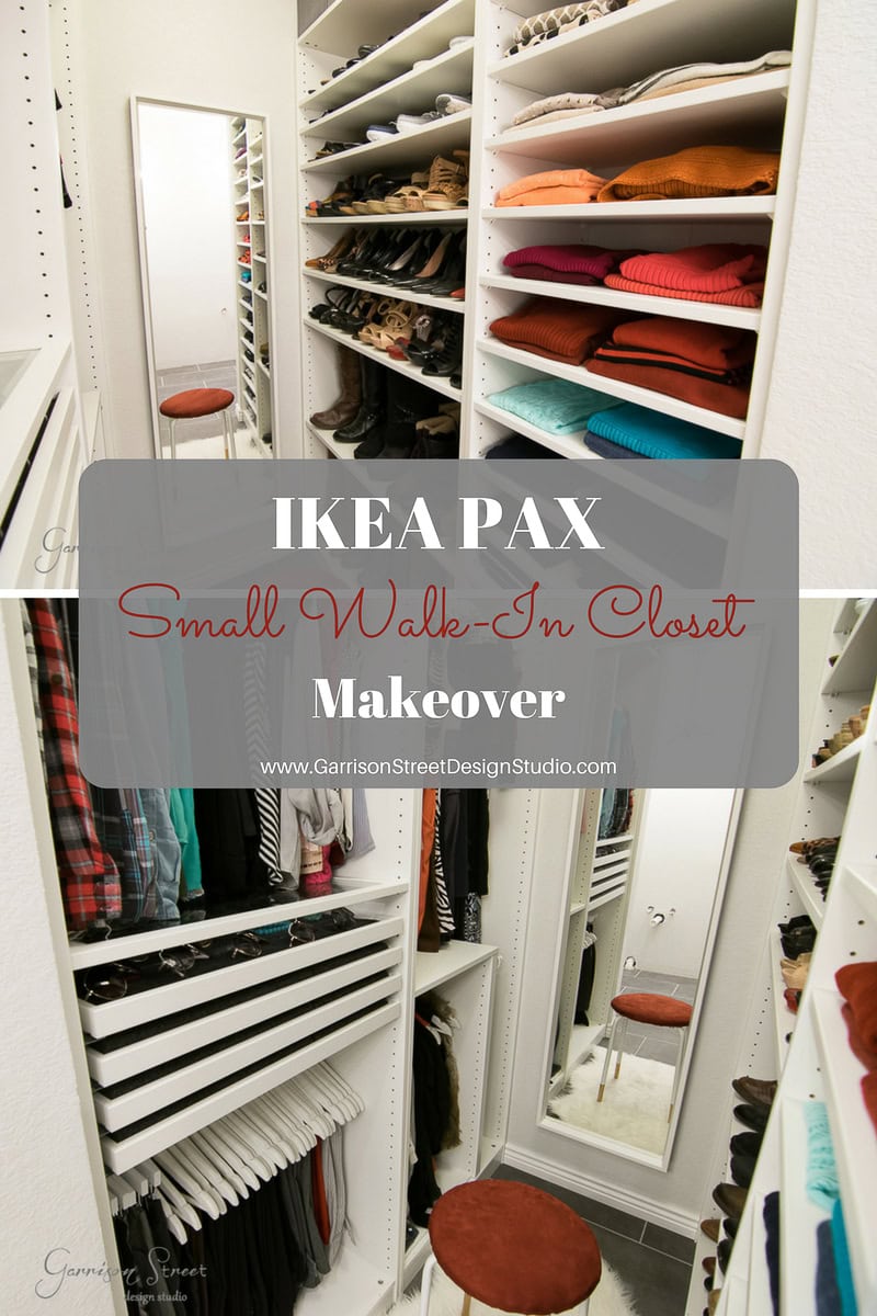 Experience a compact walk-in closet transformation with the IKEA PAX system, showcasing organized shelves of folded clothes, neatly hung shirts, and spacious drawers. A tall mirror reflects the sleek design while a small wooden stool adds charm to the corner of this efficient IKEA walk-in.
