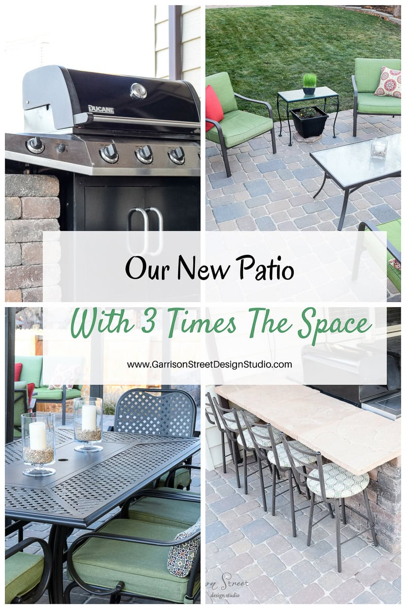 Collage showing an outdoor patio with a grill, seating area, and dining table. The text reads "Our New Patio With 3 Times The Space" along with a website URL at the bottom.
