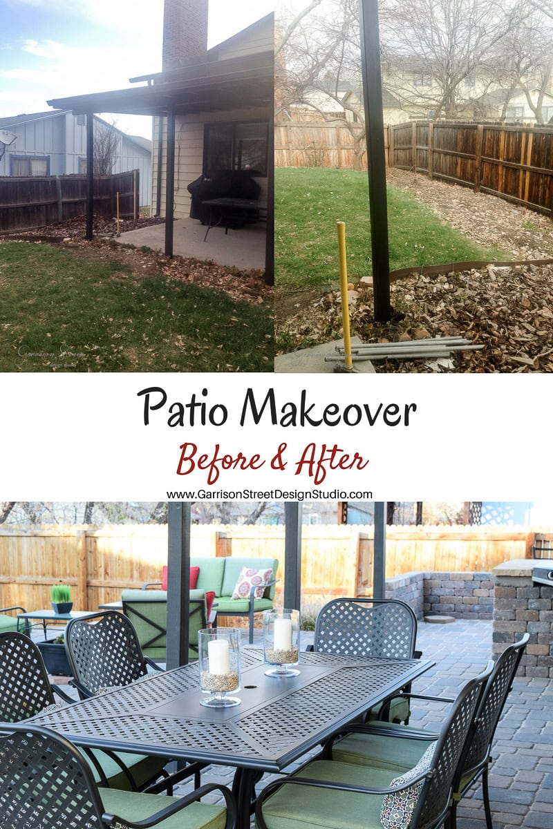 Split image showcasing a patio before and after a makeover. The top shows a plain patio and yard, while the bottom reveals a transformed space with outdoor furniture, paving, and decor. Text reads "Patio Makeover: Before & After.