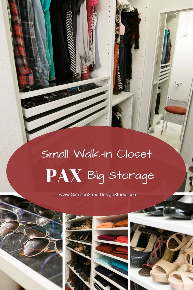 A well-organized IKEA walk-in closet features neatly arranged clothes, shoes, and accessories. The montage includes racks with colorful garments, shelves of shoes, and a collection of sunglasses. A red chair and mirror are visible in the background.