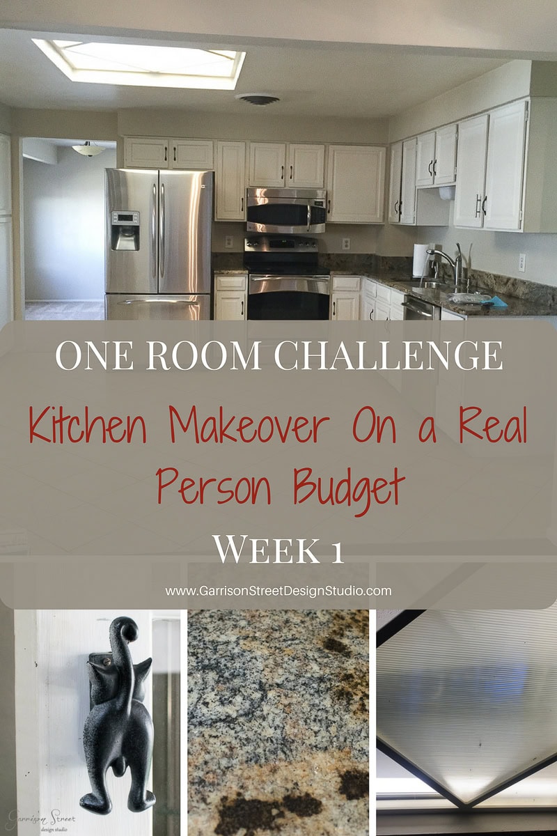 A modern kitchen with white cabinets, stainless steel appliances, and granite countertops. Inset images show a decorative wall hook, granite surface close-up, and ceiling light fixture. Text overlay reads "Kitchen Makeover on a Real Person Budget, Week 1.