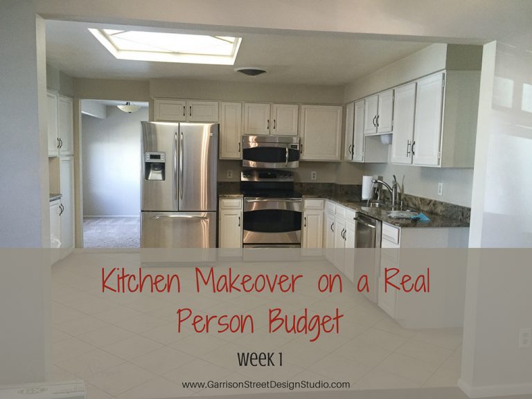 A modern kitchen with stainless steel appliances, white cabinets, and a tile floor. The text on the image reads, "Kitchen Makeover on a Real Person Budget, week 1.