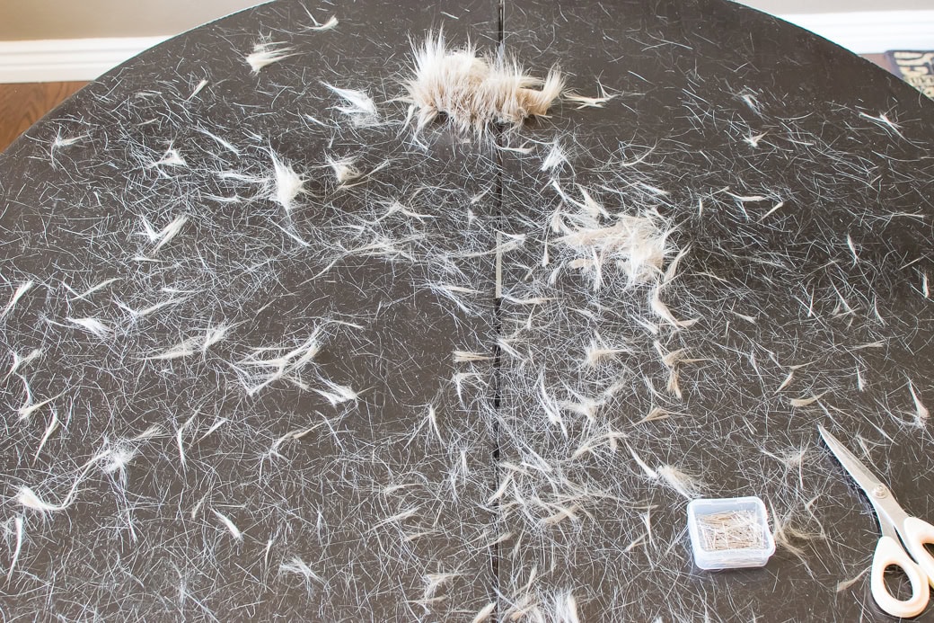 A round black table is sprinkled with fur and hair trimmings, almost resembling the chaos of a Christmas crafting session. A small clear box with metal clips and a pair of scissors sit ready, as if waiting to assemble an unconventional wreath.