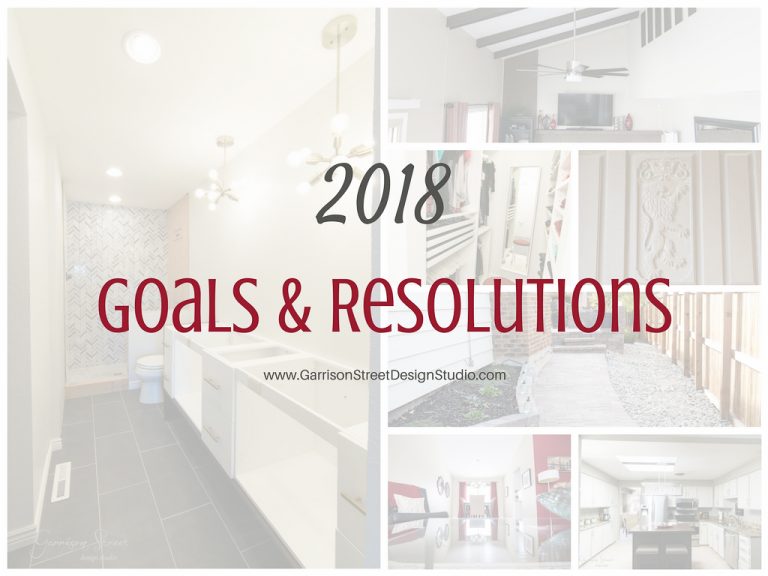 Collage of home improvement projects with the text "2018 Goals & Resolutions" in the center. Images show a bathroom, staircase, yard, living room, and kitchen.