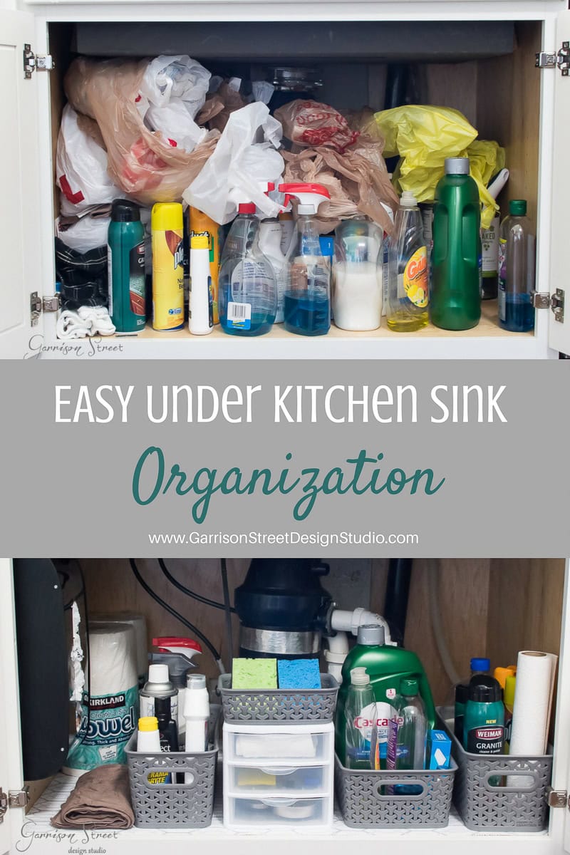 Top image: A cluttered cabinet under a kitchen sink, overflowing with various cleaning supplies and plastic bags. Bottom image: The same space transformed through smart organization, with neatly arranged bins holding cleaning products. Text overlay: "Effortless Kitchen Sink Organization.
