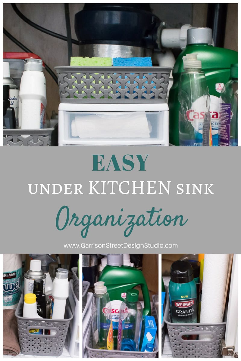 Under the kitchen sink, organization shines with gray baskets neatly containing cleaning supplies and paper towels. The image highlights various products and a stack of white drawers labeled "EASY under KITCHEN sink Organization" at the center.