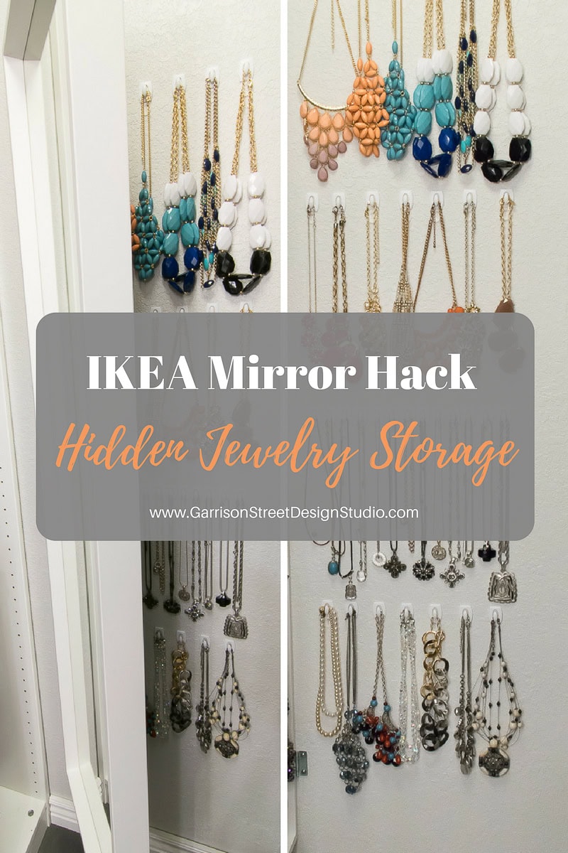 Wall-mounted jewelry organizer cleverly concealed within a mirrored cabinet door, displaying necklaces and earrings elegantly. The overlay text reads, "IKEA Mirror Hack: Hidden Jewelry Storage.