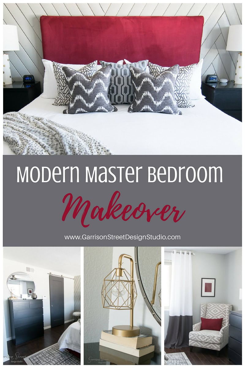 Collage of a modern master bedroom makeover. Top: bed with red headboard and patterned pillows. Middle text: "Modern Master Bedroom Makeover". Bottom: dresser with mirror, gold lamp on a table, and armchair with red pillow.