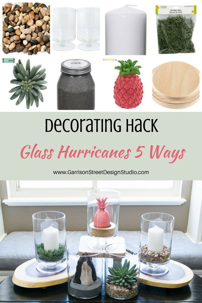 Collage showing DIY decorating ideas using glass hurricanes. Top half displays materials: stones, jars, candles, moss, succulents, wooden bases. Bottom half shows finished decor with candles, succulents, a pink pineapple, and various textures in glass jars.