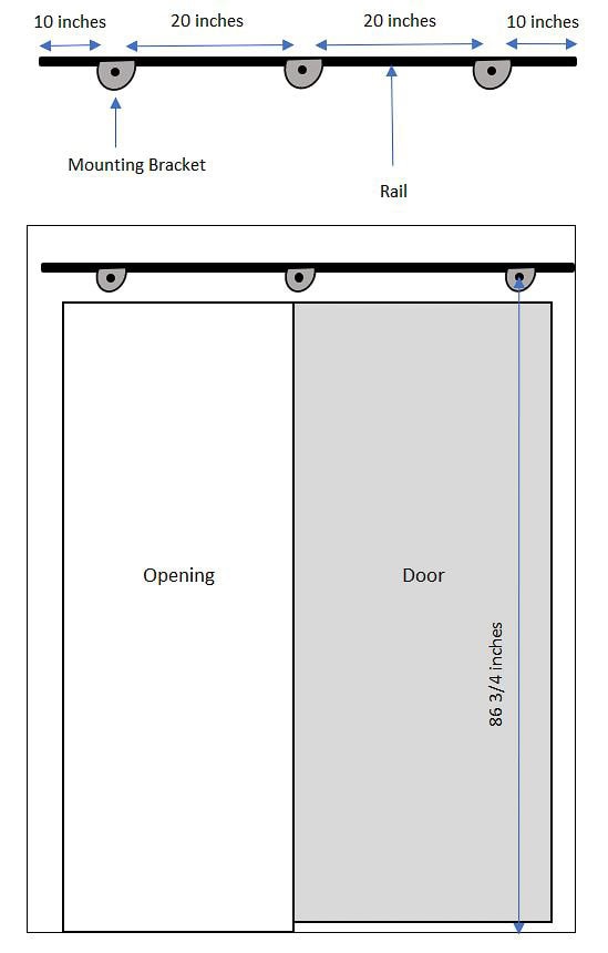 Diagram showing a barn door sliding mechanism. Top view displays mounting bracket and rail with four wheels spaced evenly. Front view illustrates the barn door on the right with dimensions and an opening on the left. Door height is labeled as 88.34 inches.