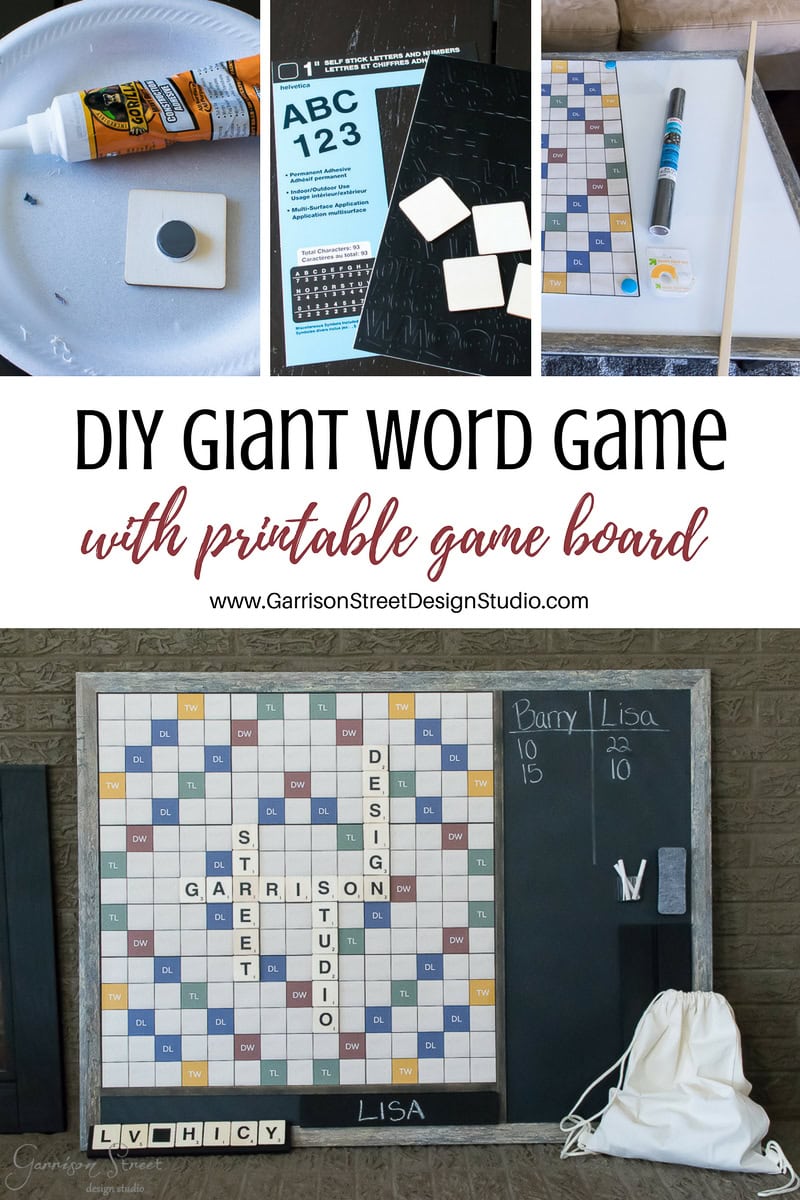 Collage of a DIY giant word game project. Includes materials like letters, a board, and a glue stick. A completed game board displays words with a score tally beside it. Text reads: "DIY Giant Word Game with printable game board.