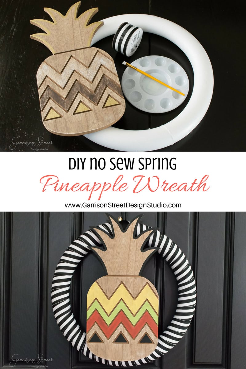 A DIY project showing a no-sew pineapple wreath. The top image displays materials: a wooden pineapple shape, wreath form, ribbon, and paint. The bottom image shows the finished wreath with a chevron pattern in black, yellow, and orange colors.