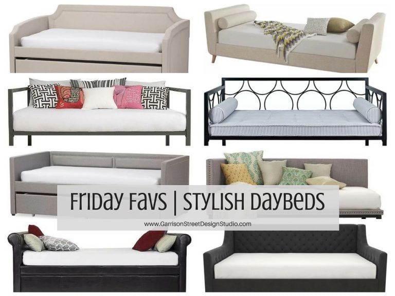 A collage of stylish daybeds featuring various designs, colors, and cushions. The text reads "Friday Favs | Stylish Daybeds" with a website link at the bottom. Each daybed showcases different upholstery, frames, and decorative pillows.