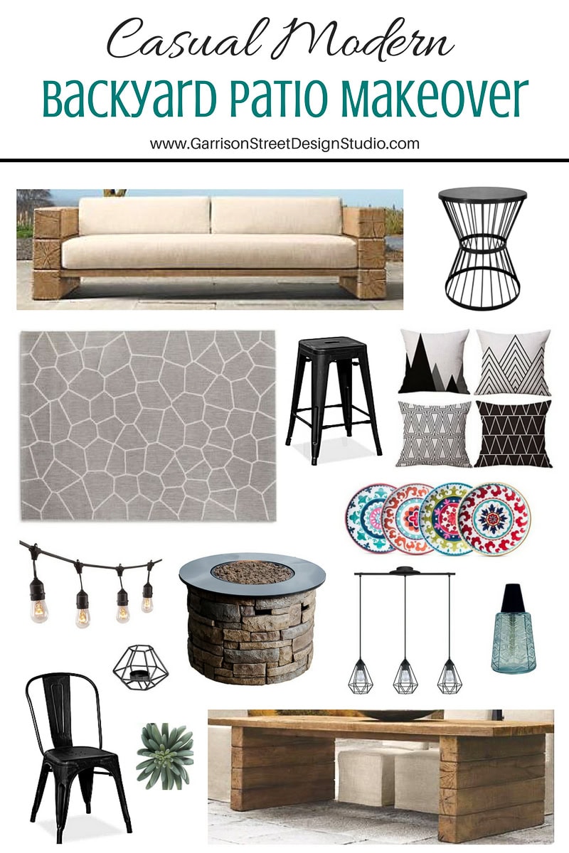 Collage titled "Casual Modern Backyard Patio Makeover" featuring a modern sofa, geometric rug, black stools, decorative pillows, string lights, fire pit, pendant lights, potted plant, and a wooden table.