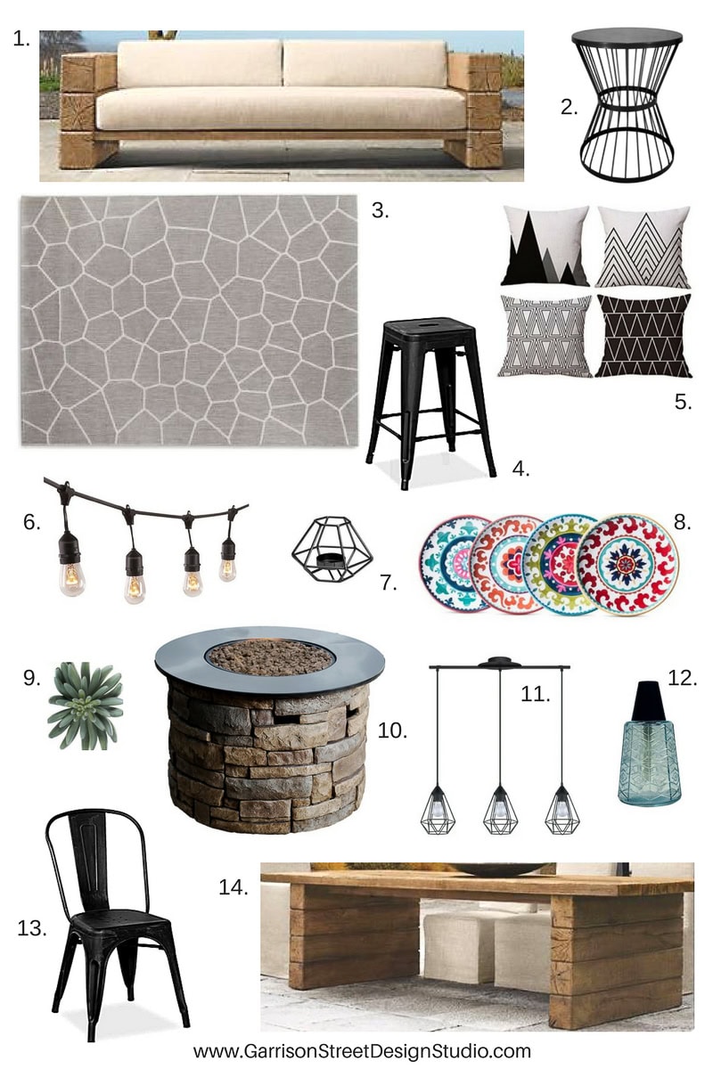 Collage of outdoor furniture and decor includes a sofa, wire magazine rack, geometric rug, bar stools, patterned pillows, string lights, wall planter, fire pit, colorful plates, pendant lights, glass lantern, metal chair, and a wooden coffee table.