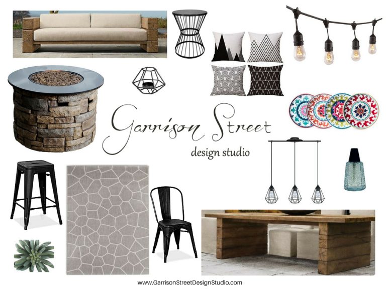 Collage of outdoor furniture and decor from Garrison Street Design Studio, featuring a couch, fire pit, string lights, decorative pillows, chairs, bar stools, geometric rug, and colorful plates. Decorative text in the center says "Garrison Street Design Studio.