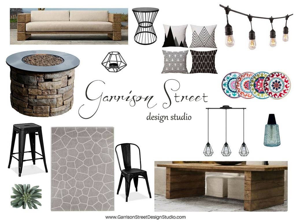 Collage of outdoor furniture and decor from Garrison Street Design Studio, featuring a couch, fire pit, string lights, decorative pillows, chairs, bar stools, geometric rug, and colorful plates. Decorative text in the center says "Garrison Street Design Studio.