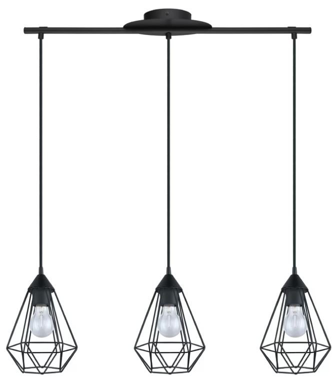 A modern pendant light fixture with three hanging geometric wire cage lamps. Each cage houses a clear bulb, suspended from a black metal rod.