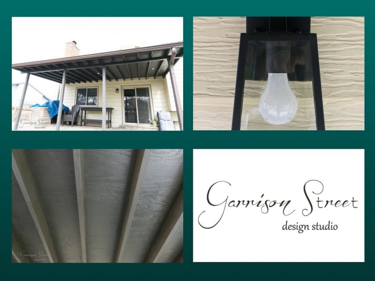 Collage showing: a patio with a covered roof, a close-up of a light bulb in a fixture, an underside view of a wooden structure, and the text "Garrison Street design studio" on a green background.
