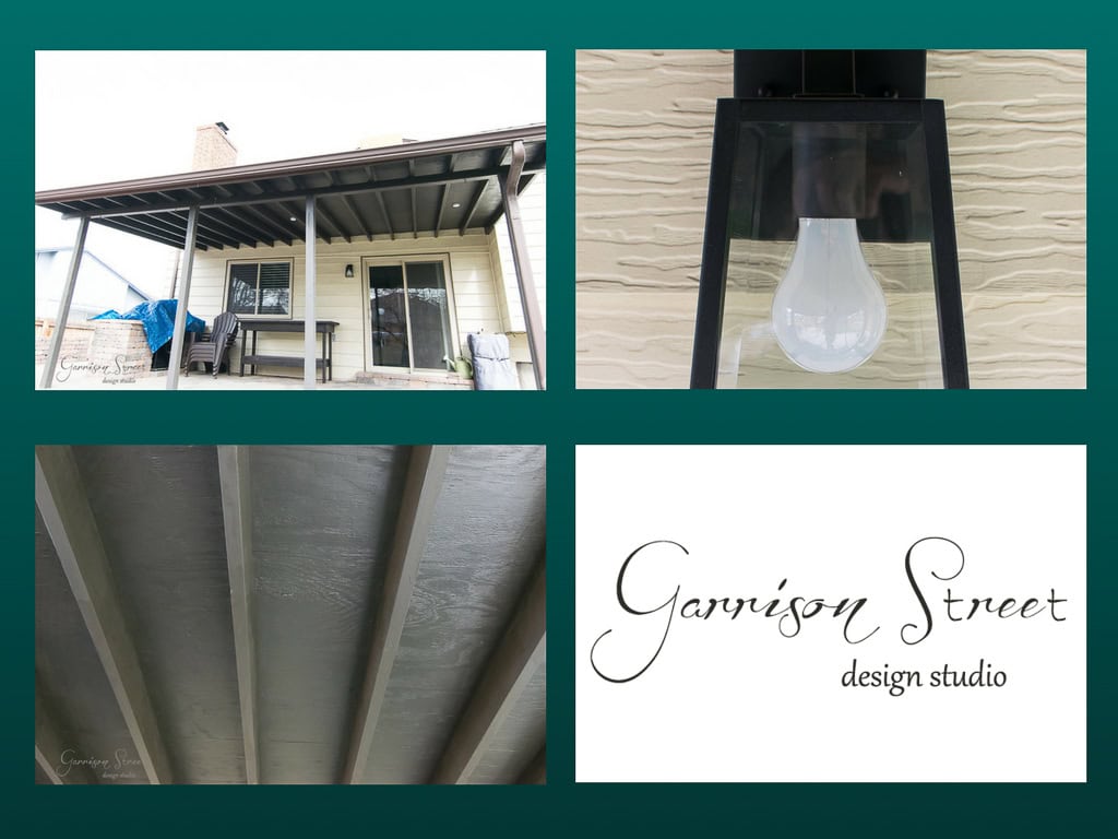 Collage showing: a patio with a covered roof, a close-up of a light bulb in a fixture, an underside view of a wooden structure, and the text "Garrison Street design studio" on a green background.