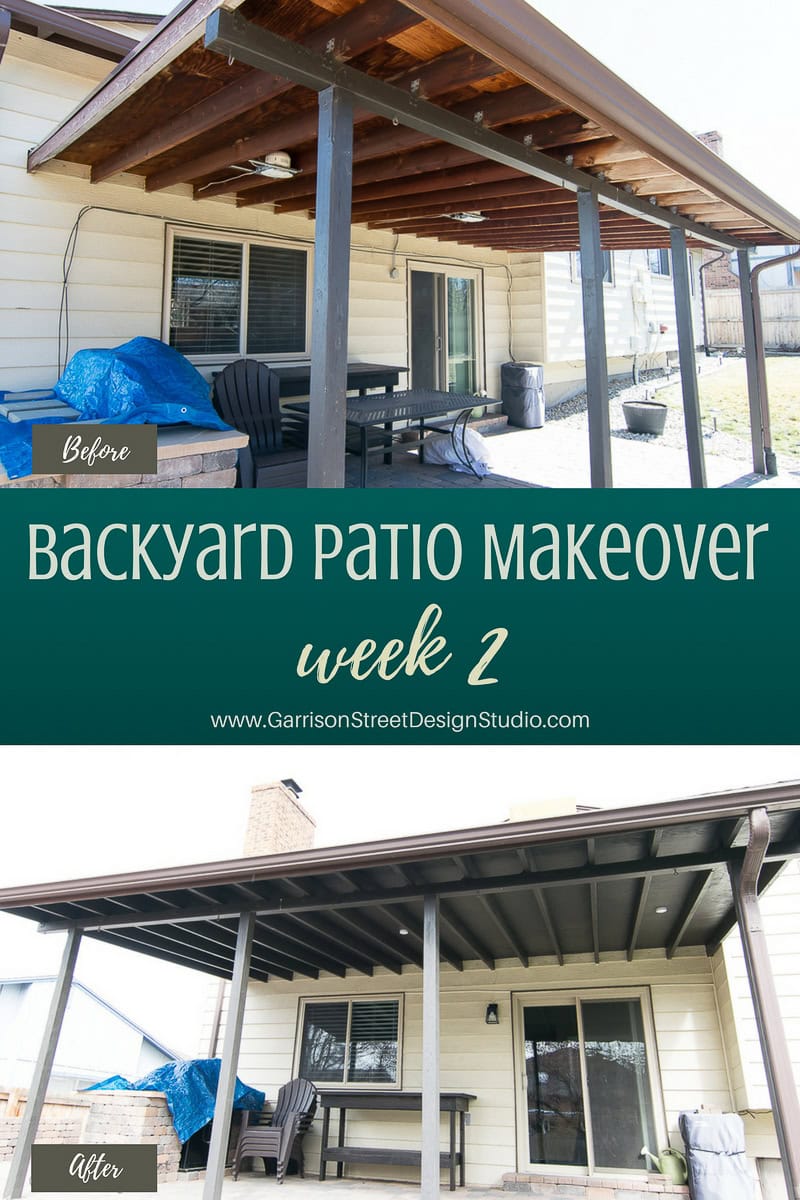 A side-by-side comparison of a covered backyard patio renovation. The top image shows the patio before, with clutter and old furniture. The bottom image shows the improved patio, with a clean, organized look and a new roof.