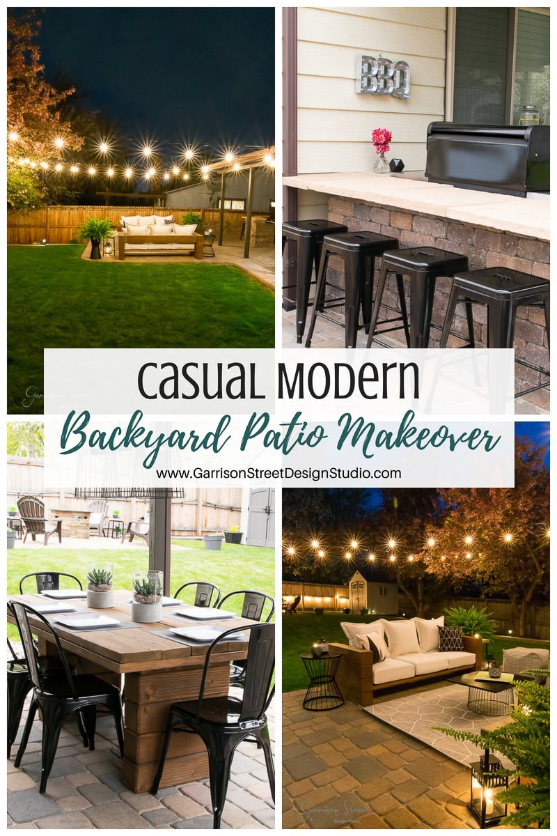 Collage of a backyard patio makeover. Top left: a lush grassy area adorned with string lights. Top right: a bar with stools and a BBQ grill. Bottom left: a cozy dining table with chairs. Bottom right: an inviting lounge area featuring a sofa under twinkling string lights.