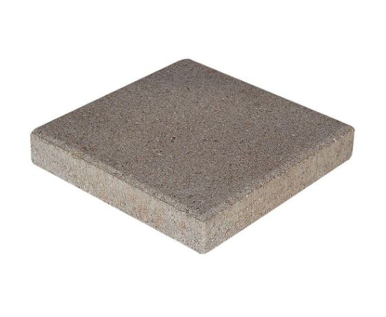 A square, gray concrete paving slab with rough edges and a textured surface. Reminiscent of an Ikea hack, the slab is displayed against a white background, highlighting its thickness and uniformity.