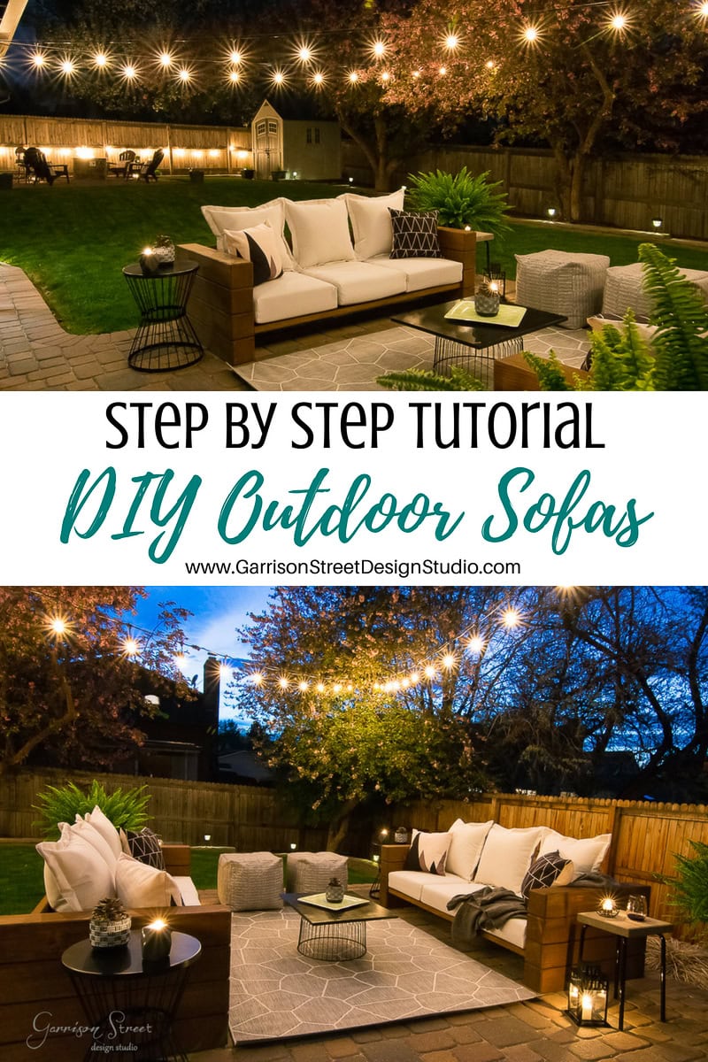 Two images showcase a DIY outdoor sofa set on a patio under string lights. The top image, in daylight, includes instructions for crafting the sofas. The bottom image captures the cozy, illuminated ambiance of the completed project at night.