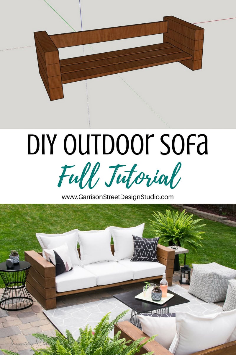 A DIY outdoor sofa tutorial image showcases a 3D model of a wooden sofa frame above and a completed outdoor sofa with white cushions on a patio below. The space is beautifully decorated with plants and a coffee table. Text reads “DIY Outdoor Sofa Full Tutorial," inspiring your next project.