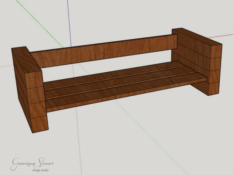 3D rendering of a wooden bench design with a simple, boxy structure, ideal for a DIY outdoor sofa project. The bench features thick side supports, a backrest, and a seat composed of broad wooden planks.