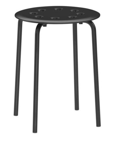 A simple black metal stool reminiscent of an Ikea find, with a round seat featuring seven small holes and four straight legs.