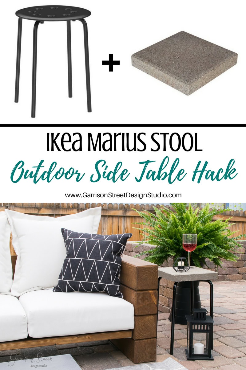 A collage showcases a Marius stool paired with a concrete paver, illustrating a creative DIY table hack. The finished side table sits beside a white sofa with geometric pillows, adorned with a candle holder and glass of wine.
