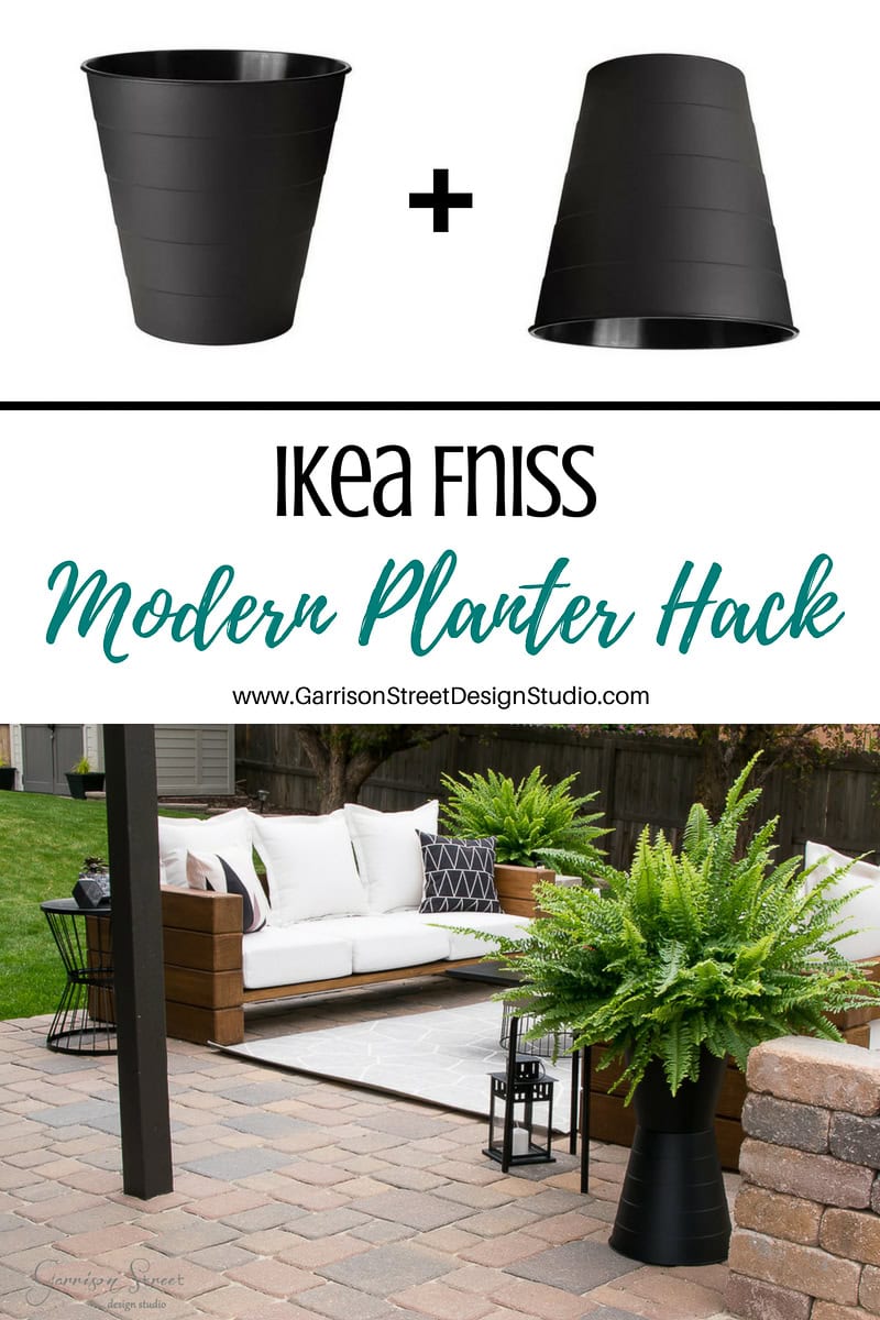 Graphic showing an IKEA FNISS trash can transformed into a modern planter. The top displays two FNISS cans, one inverted over the other. Below, an outdoor patio features a sleek black planter with a lush fern, surrounded by white seating.