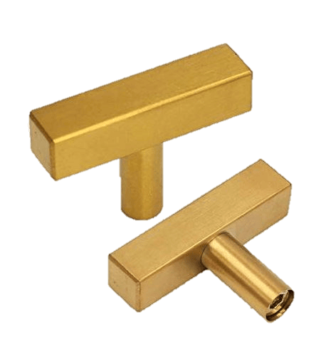 Two gold-colored, rectangular cabinet handles with a sleek design are shown. One is positioned flat, and the other is upright, revealing its cylindrical attachment part. These Lurt handles from Ikea embody a modern and minimalist style, perfect for complementing any sleek towel rack ensemble.