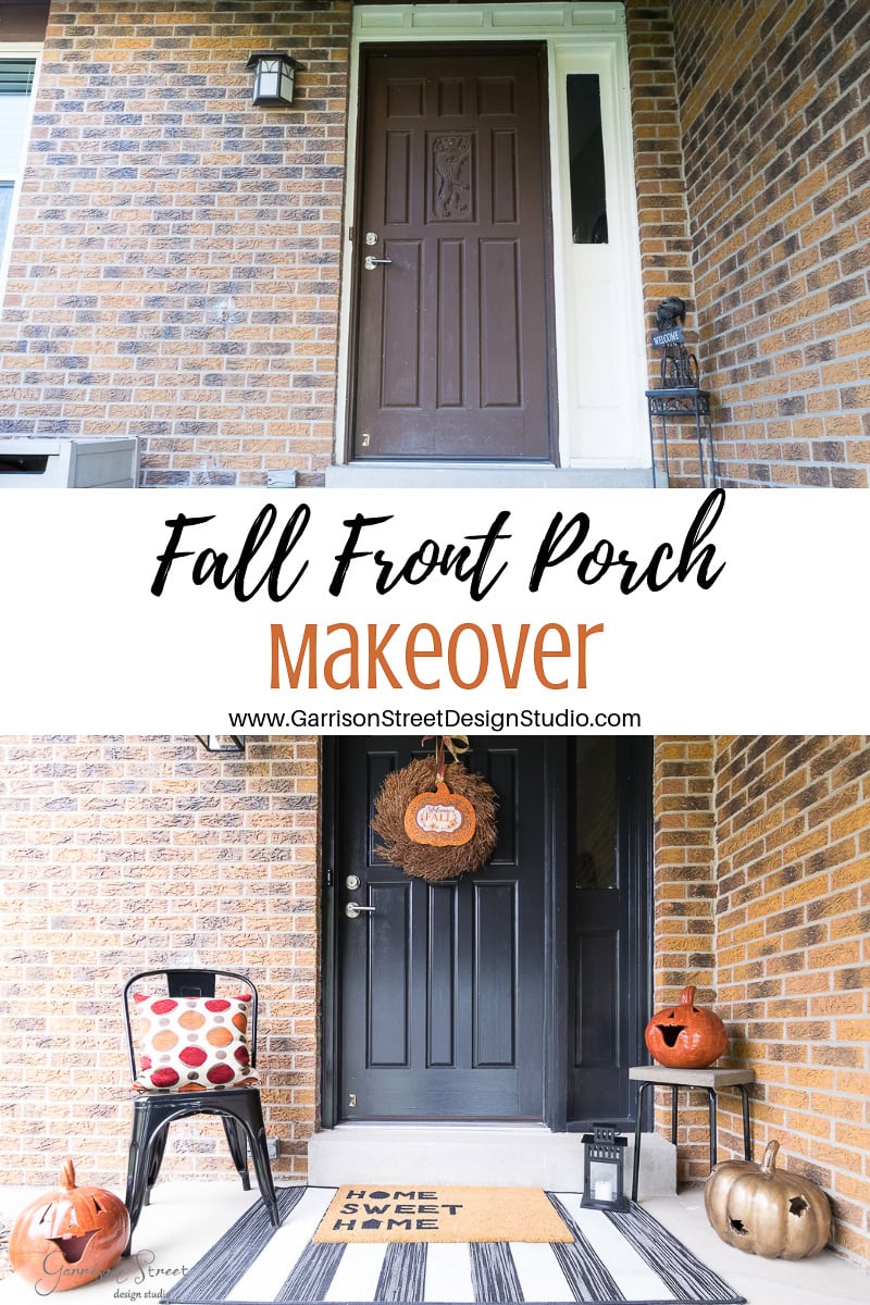 Comparison of two front porch setups. Top: Simple black door with brick walls. Bottom: Same door adorned with a fall wreath, pumpkins, and a mat saying "Sweet Home." A chair with a red-patterned cushion is on the side. Text reads "Fall Front Porch Makeover.