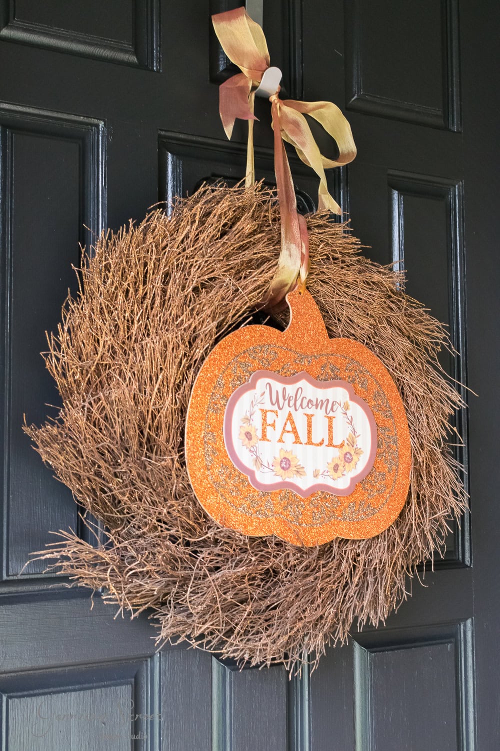 A rustic wreath made of dried twigs hangs on a black door. Attached to it is an orange, pumpkin-shaped sign with the words "Welcome Fall" printed in white and adorned with a golden ribbon.
