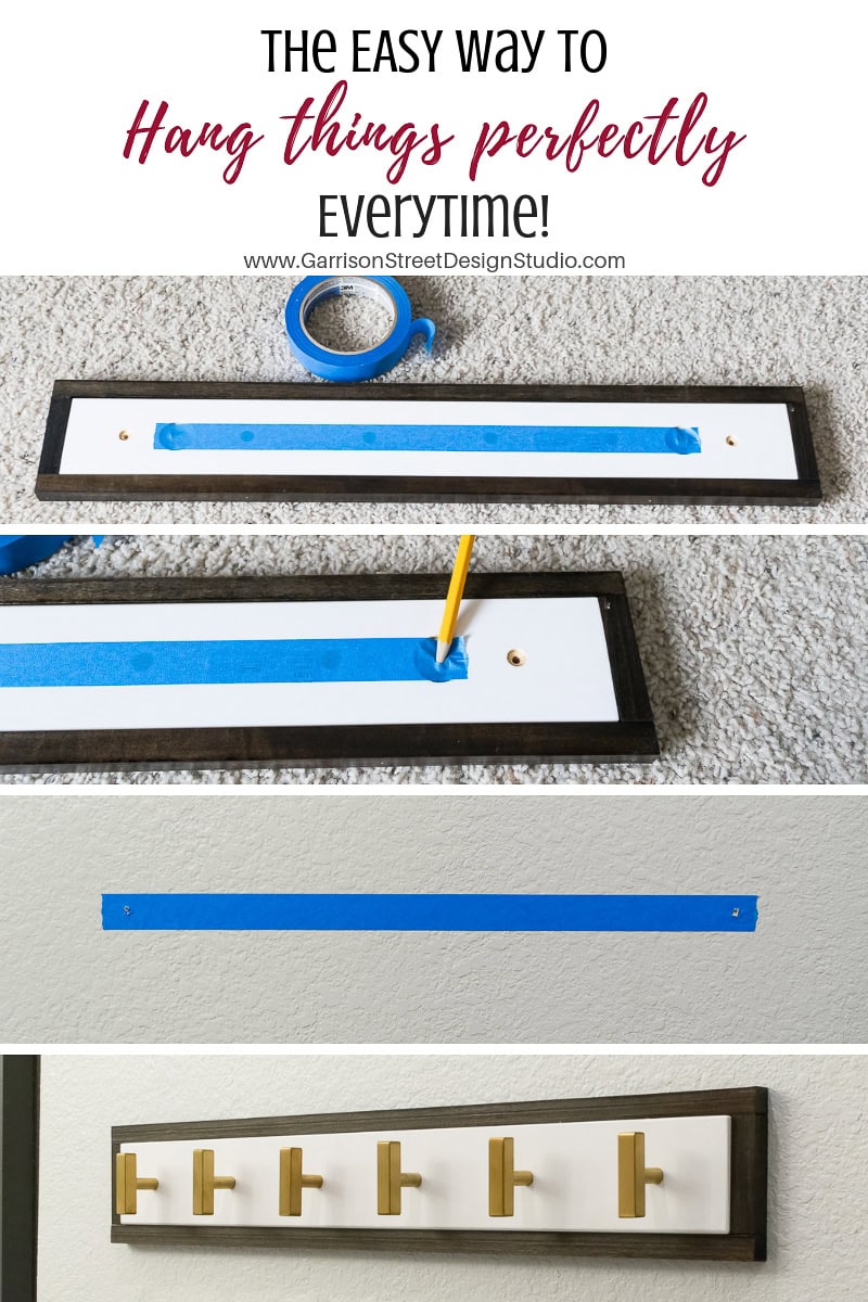 Tutorial showing how to hang a coat rack or towel rack perfectly. Images depict using painter's tape to mark holes, sticking the tape to the wall, and aligning the rack with screws. Text reads: "The easy way to hang things perfectly every time, even your new Ikea finds!.