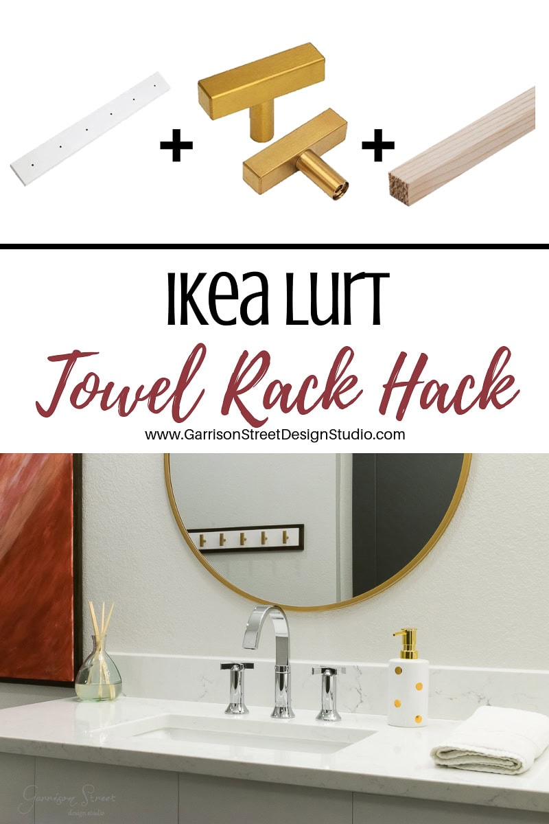 Collage of a DIY Ikea Lurt towel rack hack tutorial. Top half displays materials: the Lurt bracket, gold handles, and a wooden dowel. The bottom half features a modern bathroom with a round mirror and a vase, showcasing the finished towel rack.