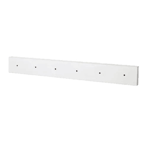 Introducing the Lurt, a minimalist white wall-mounted coat rack with six evenly spaced pegs, perfect for hanging coats or even doubling as a sleek towel rack. Inspired by Ikea's functional aesthetics, it seamlessly blends into any modern space.