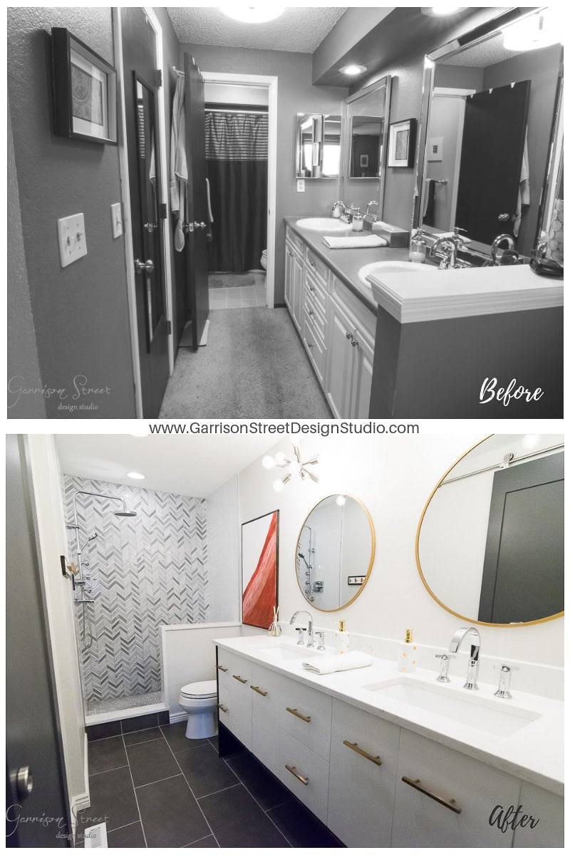 The image shows a bathroom renovation. The "before" section features a narrow space with dark walls and a single vanity, while the "after" section showcases a modern design with white walls, double vanity, round mirrors, and an open shower.