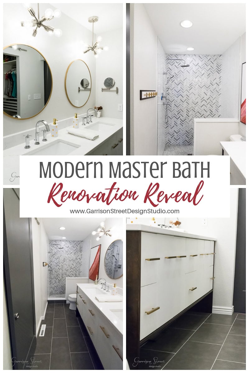 Collage showing a modern master bathroom renovation with white cabinets, round mirrors, and herringbone tile in the shower. Text reads "Modern Master Bath Renovation Reveal" with a website link.