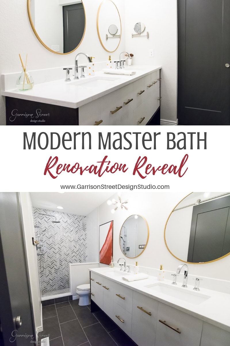 Image of a modern master bathroom featuring a double vanity with round mirrors, brass fixtures, and a large shower with a geometric tile design. A red towel adds a pop of color. Text overlay reads "Modern Master Bath Renovation Reveal.