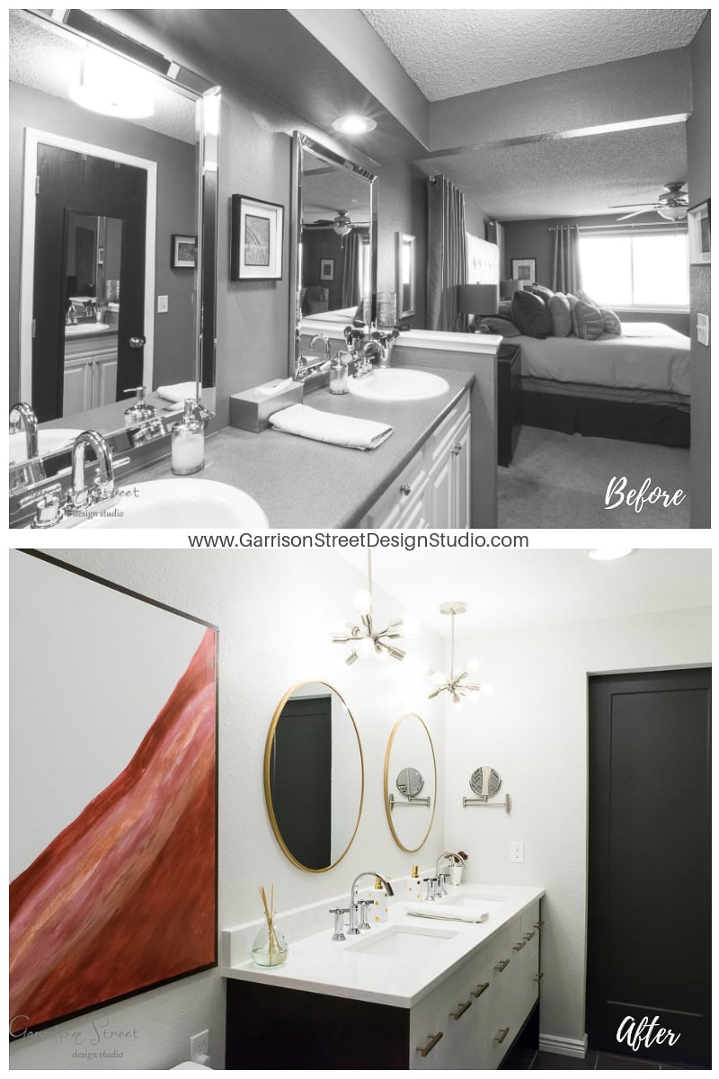 Top image: A dated bathroom with a cluttered counter, large mirror, and standard fixtures labeled "Before."  Bottom image: A modernized bathroom with minimalist decor, featuring round mirrors, sleek lighting, and clean surfaces labeled "After.