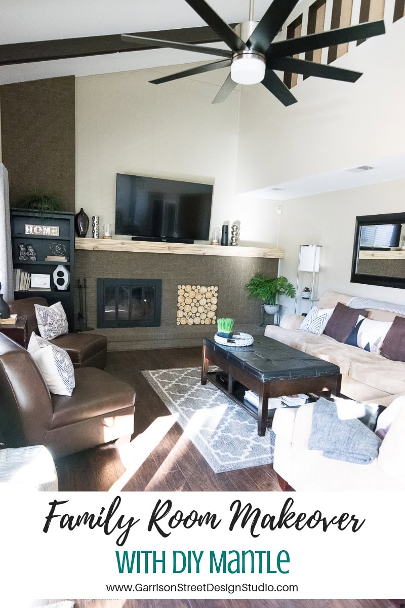 A cozy family room makeover showcases a fireplace with a DIY wooden mantle, a TV elegantly mounted above, inviting couches, a coffee table, and decorative pillows. Natural light streams in, enhancing the warm ambiance. A banner proudly announces "Family Room Makeover.